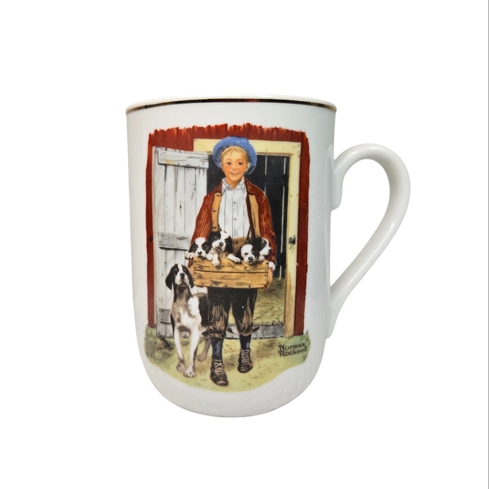 Vintage 1985 Norman Rockwell  "Puppy Love" Coffee Mug – Boy with Puppies
